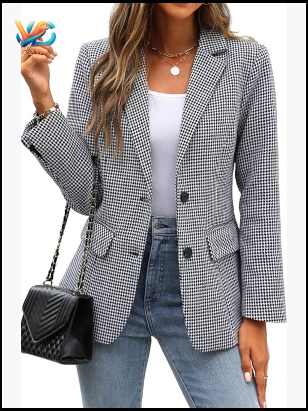 Women's Plaid Lapel Collar Boyfriend Blazer Houndstooth Work Office Jacket